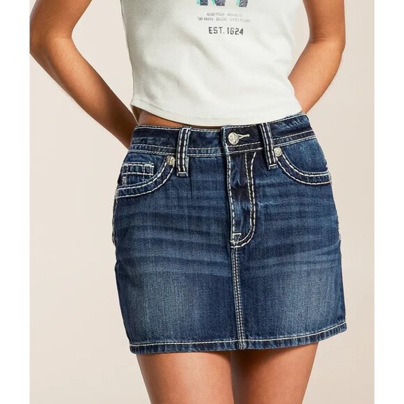 Miss Me Signature Mid Skirt Womens 28 Straight Mini Stretch Zip Denim Dark Wash - Picture 2 of 13